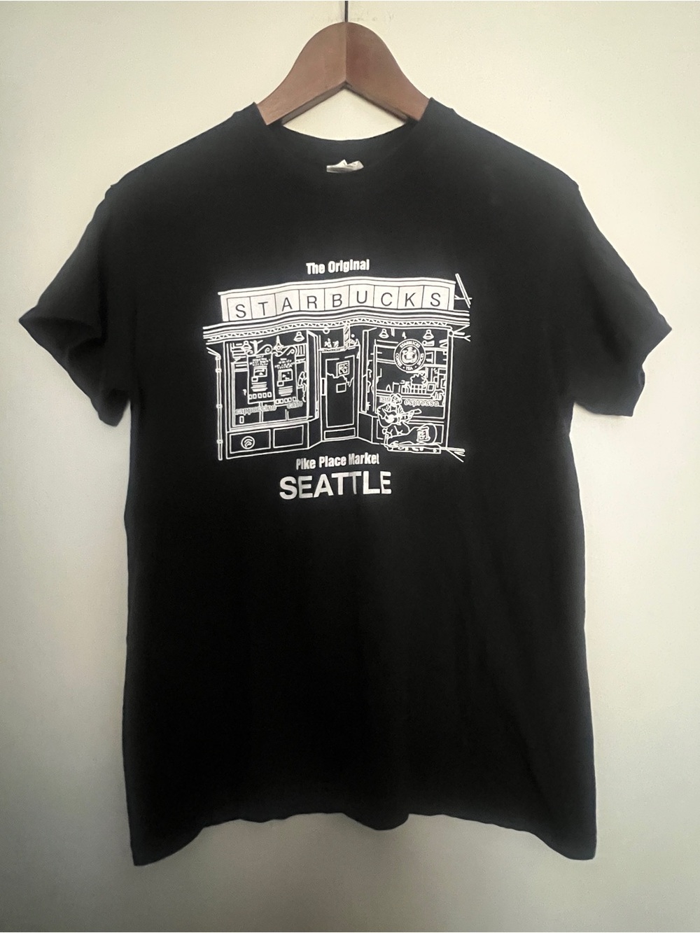Starbucks Black Tee with White Seattle Pike Place Illustration- Small